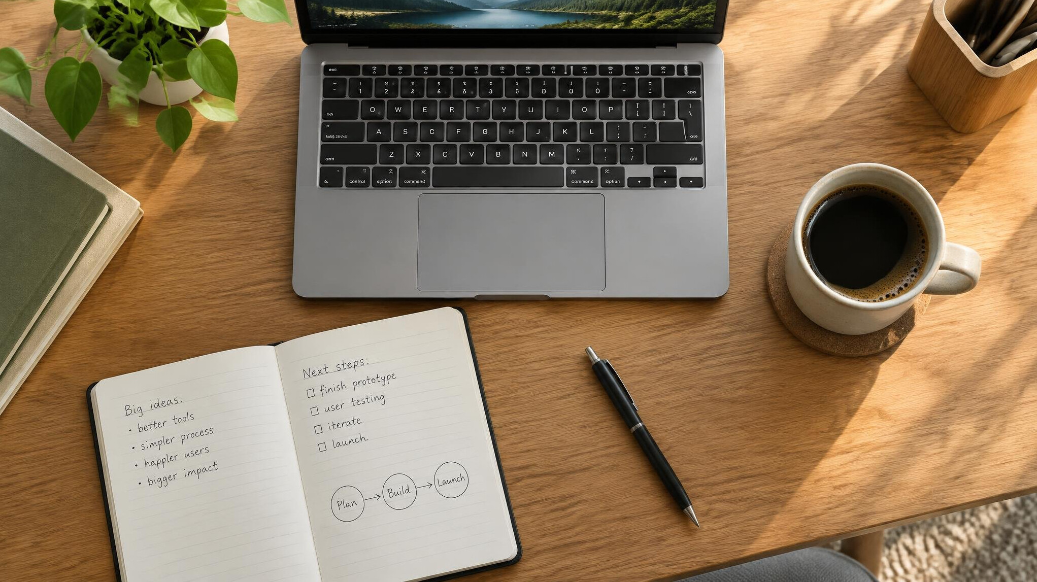 Planungsunterlagen und Laptop auf einem Schreibtisch