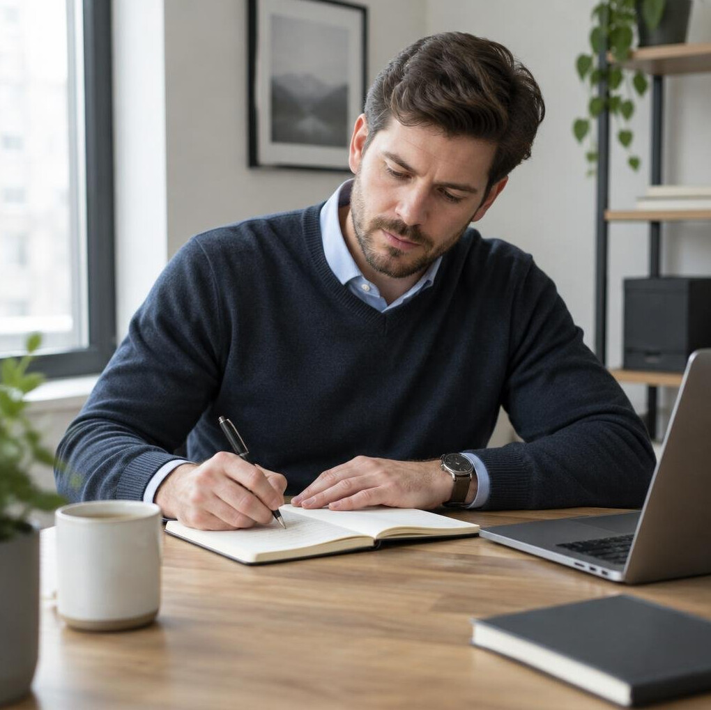 Manager schreibt Notizen am Schreibtisch